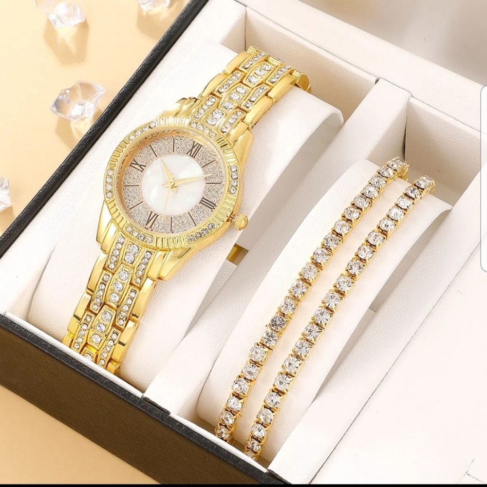 ⭐NEW 1pc Rhinestone Decor Quartz Watch and 2pc Bracelet. Golden.🌺
